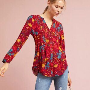 Anthropologie Maeve red floral pintuck button-front blouse Size Small